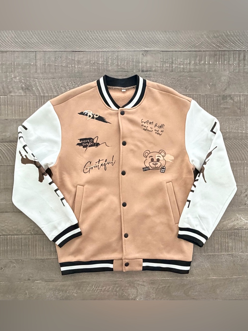 Men's Tan and White Graphic Varsity Jacket - Size M
